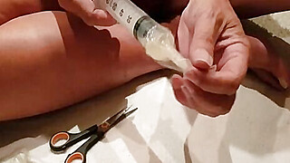 Cumplay with strangers cum in Syringe Porn Video