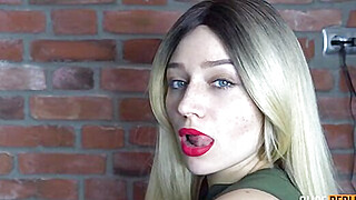 Luscious blonde with red lipstick gives a long sloppy blowjob Porn Video