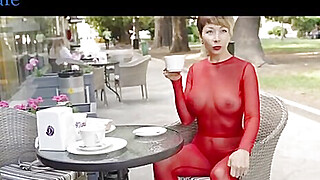 Busty Asian MILF dressed in transparent suit walks in Public Porn Video