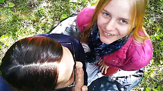 Two girls sucking dick outdoor and share cum facial Porn Video